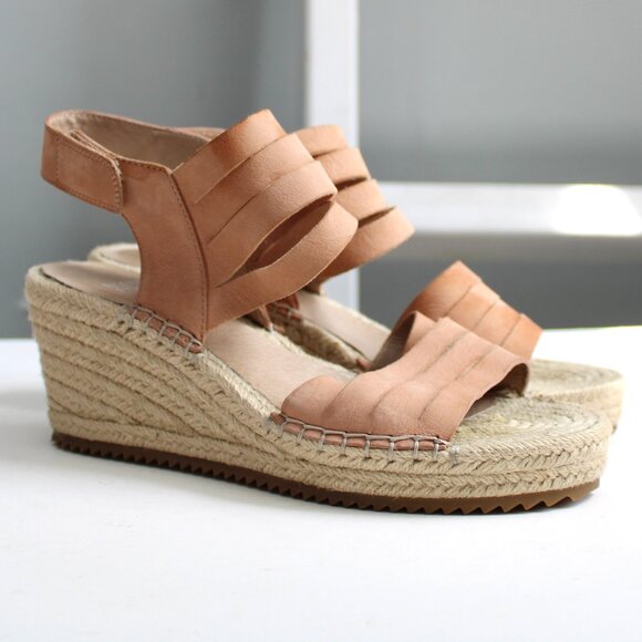 Eileen Fisher Largo Tan Leather Jute Espadrille Wedge Sandal Heels Shoe Size 7 - Picture 1 of 10